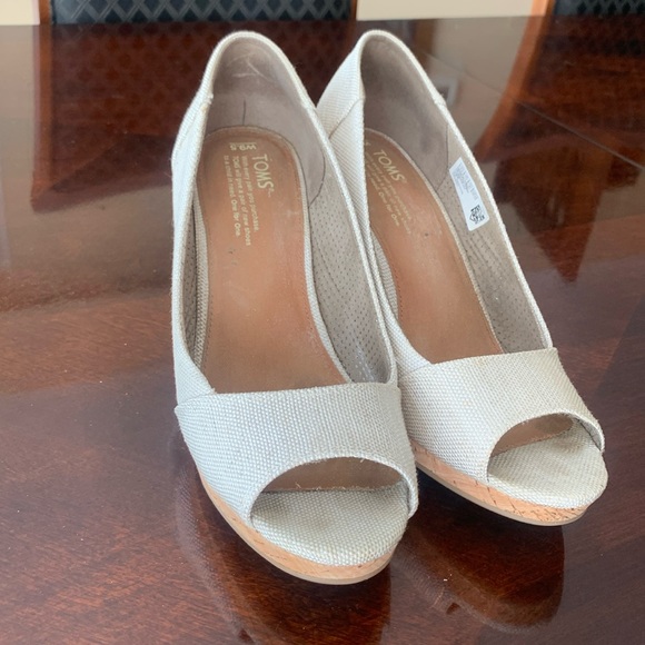 TOM'S Wedge Sandal Cork Sole Cream Espadrilles - Picture 5 of 6